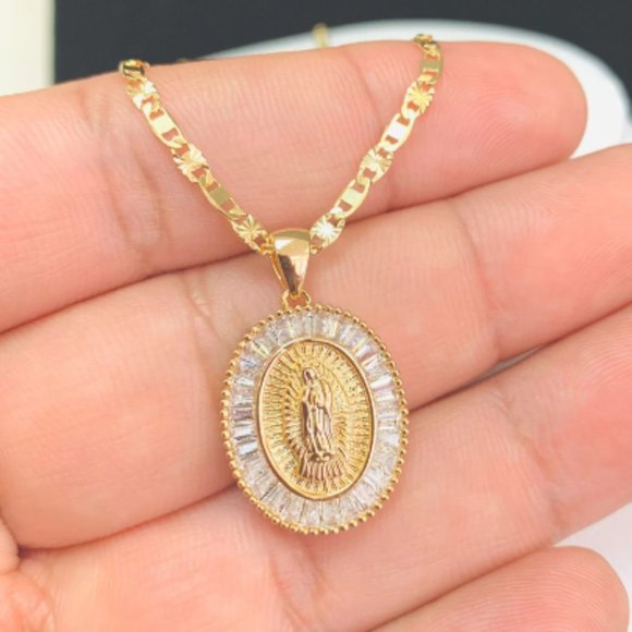 Gold Filled Guadalupe Pendant 22x17mm• Valentino Link Chain• CZ Virgen Guadalupe - Picture 1 of 7